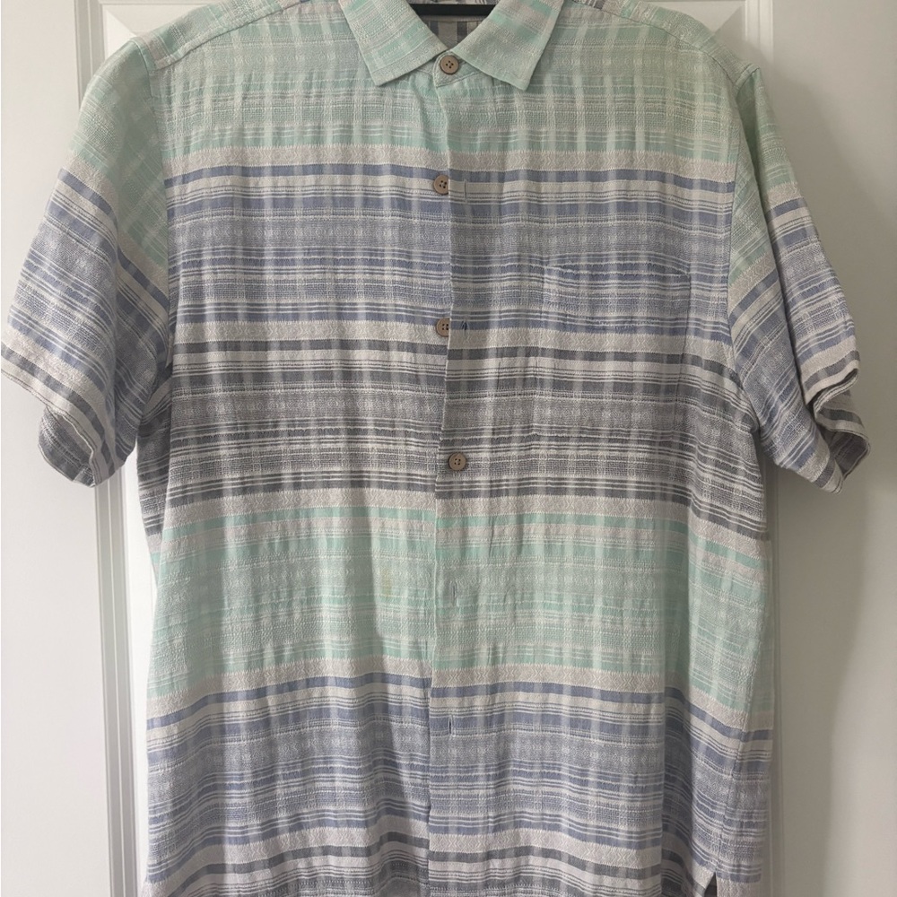 Tommy Bahama Short Sleeve Button-Down in Mint, Light Blue & Gray Stripes
